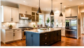 Updated kitchen with island and pendant lights